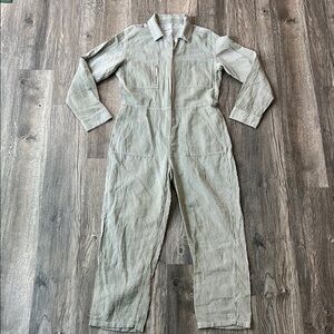 Outerknown Jumpsuit Green Striped Cotton Linen Station Jumpsuit Size Small